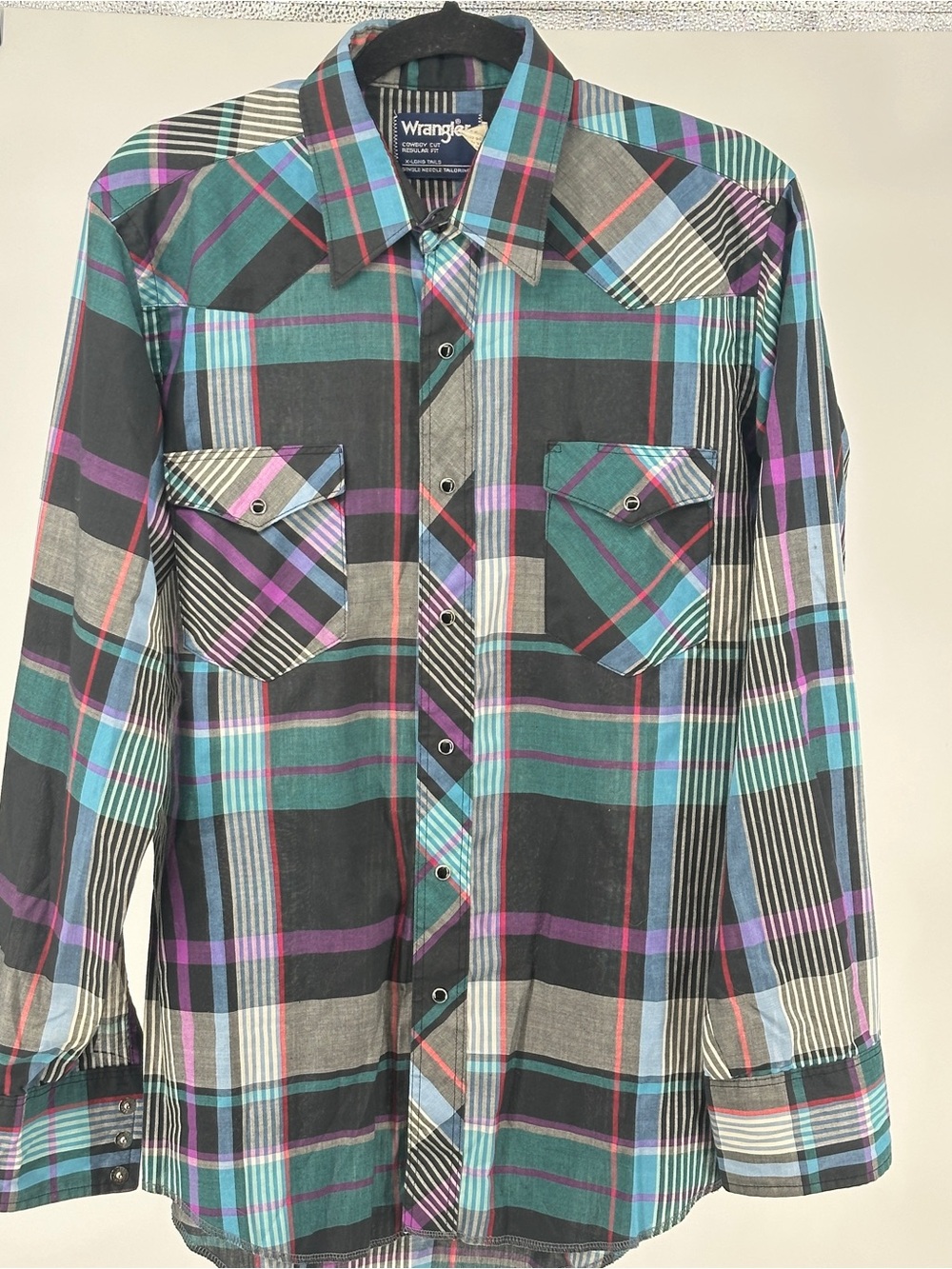Wrangler Teal, Black & Purple Plaid Vintage 80’s Western Pearl Snap X-Long Shirt